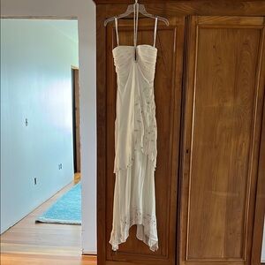 Cream Backless Tiered Wedding dress with bedazzled necklace strap. Vintage.